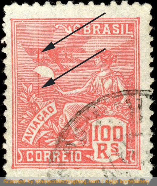 Brazil 1920. Aviation, 100 reis red. Unwatermarked paper (Yvert#170,Michel#215,Scott#223,RHM#180). Notice the scratch flaw running through sky. Brazil 1920. Aviation, 100 reis red. Unwatermarked paper (Yvert#170,Michel#215,Scott#223,RHM#180). Notice the scratch flaw running through sky.