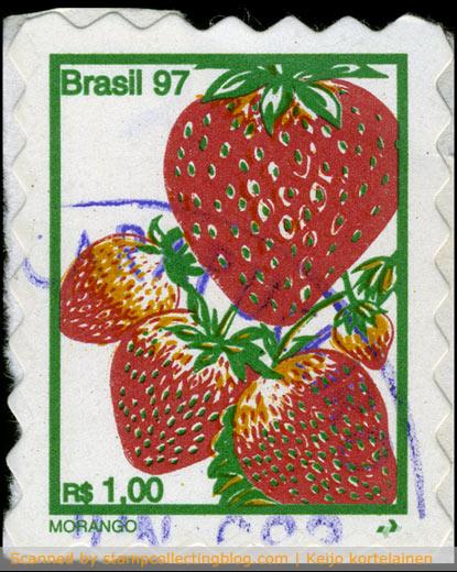 1997 Brazil. 1 R defintive stamp, strawberry. Stamps from regular issue use zigzag-diecut for separation of stamps; and they have unsoakable self-adhesive gum. 1997 Brazil. 1 R defintive stamp, strawberry. Stamps from regular issue use zigzag-diecut for separation of stamps; and they have unsoakable self-adhesive gum.