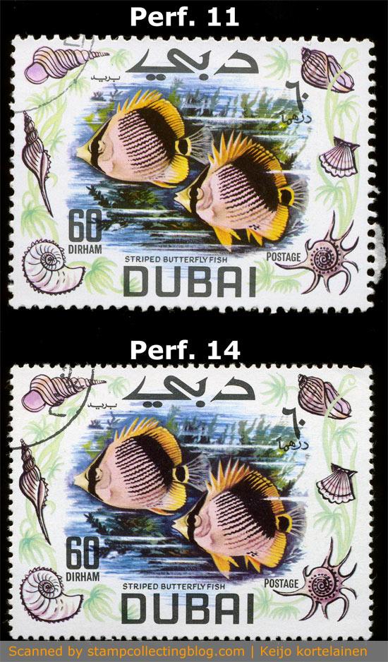 1969 Dubai. A set of 8 stamps decipting local fishes was issued late 1969.  According to catalogs, these should exist only in perforation 11 only. 
