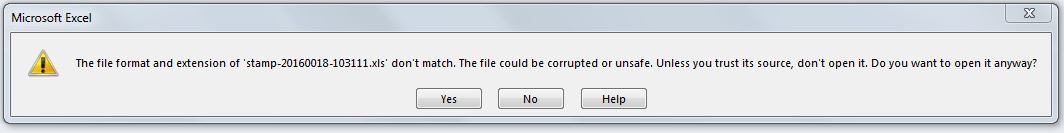 Excel warning. Choose Yes to continue.